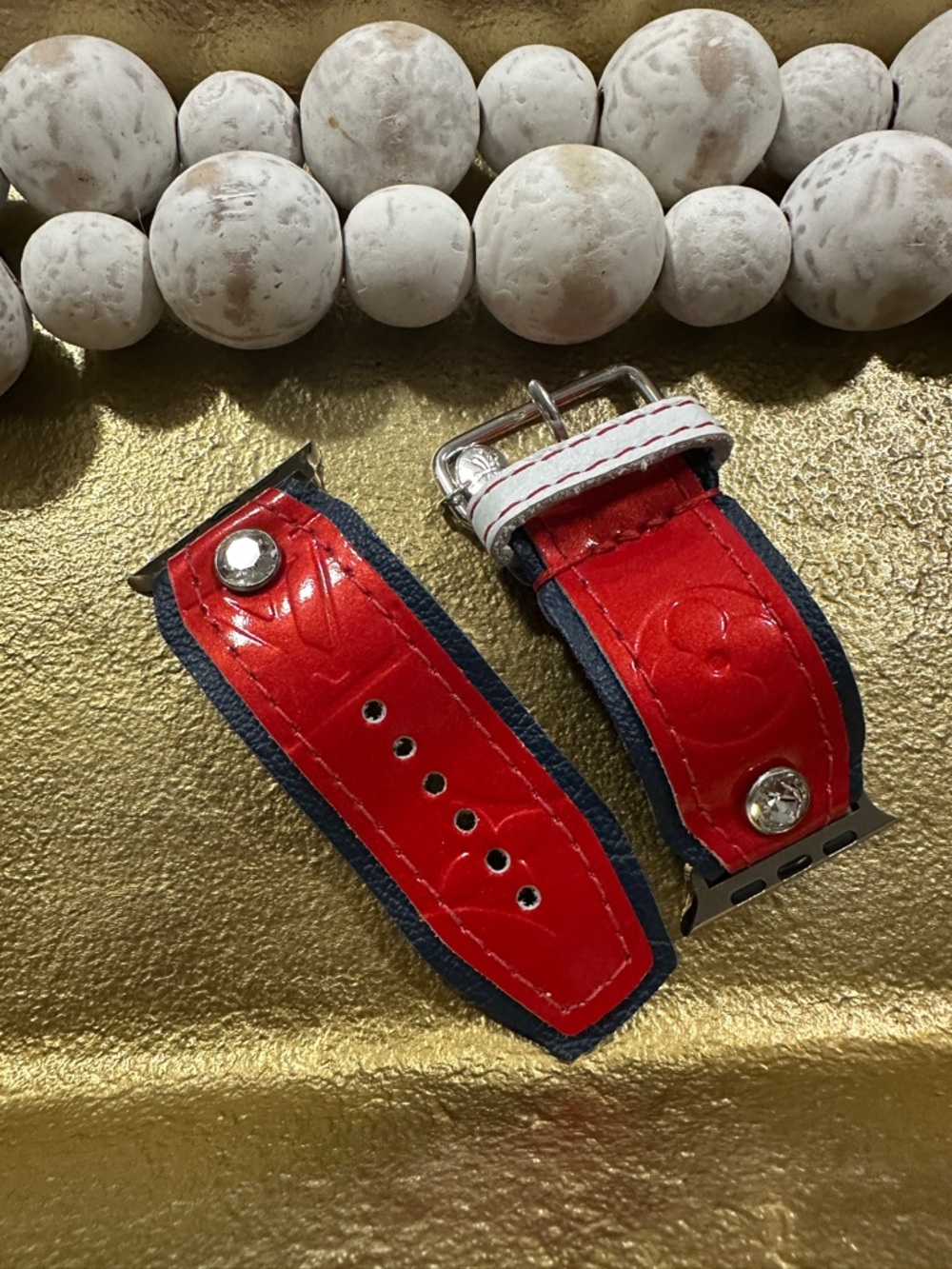 Louis Vuitton red and navy Apple Watch Band -size 2 large adapters - Picture 2 of 4